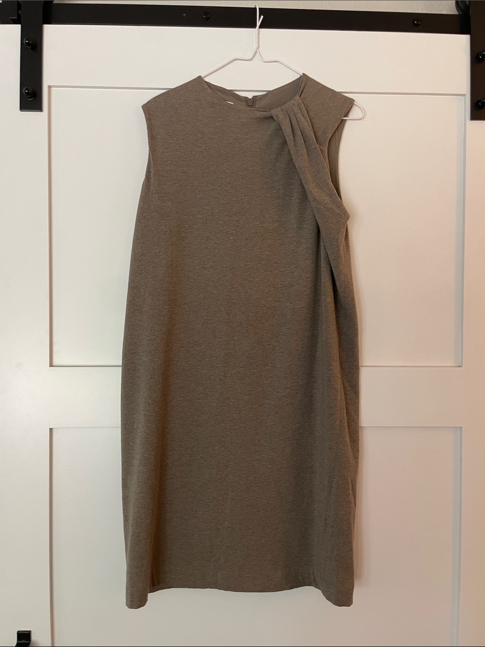 Brunello Cucinelli Italy Sleeveless Taupe Shift Dress with Shoulder Drape M